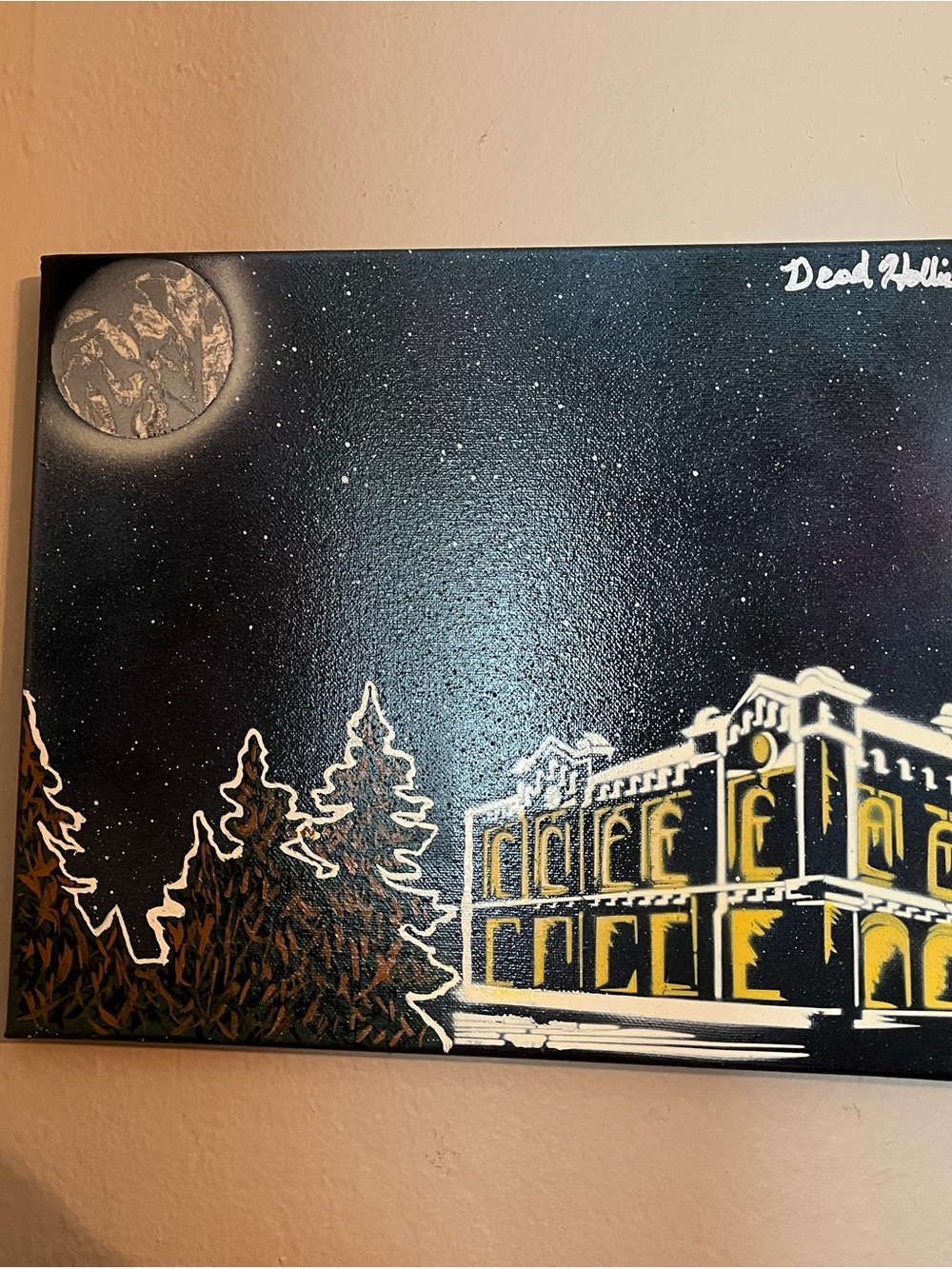Nighttime Building & Forest Wall Art in Black and Gold Spray painted